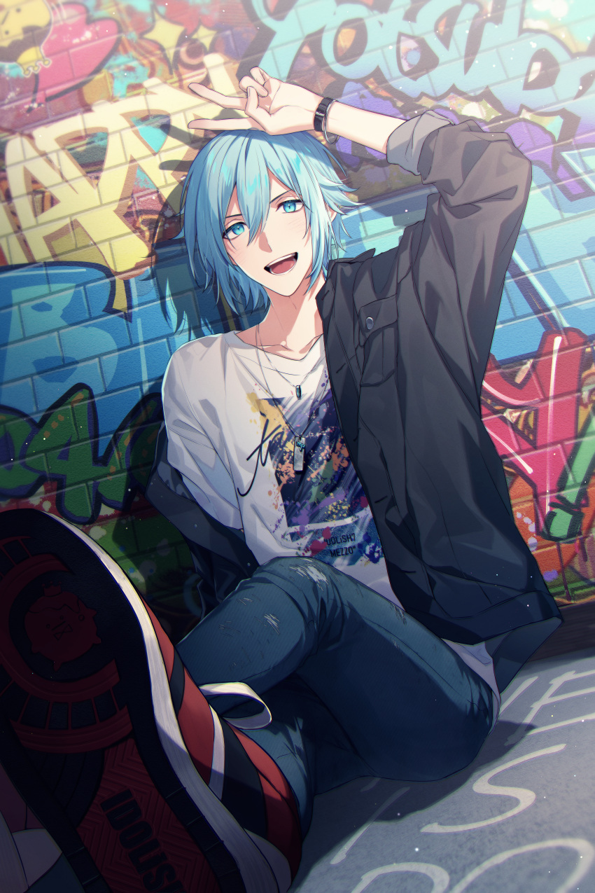 1boy, absurdres, aiue_o_eiua, arm_up, black_shirt, blue_eyes, blue_hair, brick_wall
