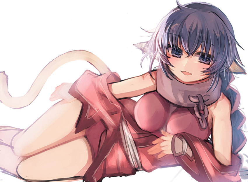 1girl, animal_ears, bare_shoulders, blue_eyes, blue_hair, braid, breasts, cat_ears, cat_girl, cat_tail, collar, karura_(utawarerumono), large_breasts, long_hair, looking_at_viewer, lying, metal_collar, non-web_source, on_side, open_mouth, smile, solo, tail, utawarerumono