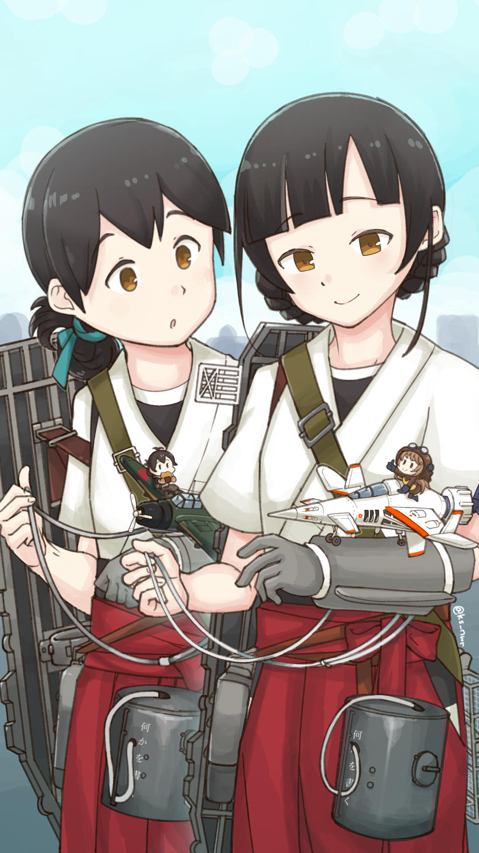 2girls, aircraft, battle_garegga, fairy_(kancolle), highres, kantai_collection, kasuga_maru_(kancolle), multiple_girls