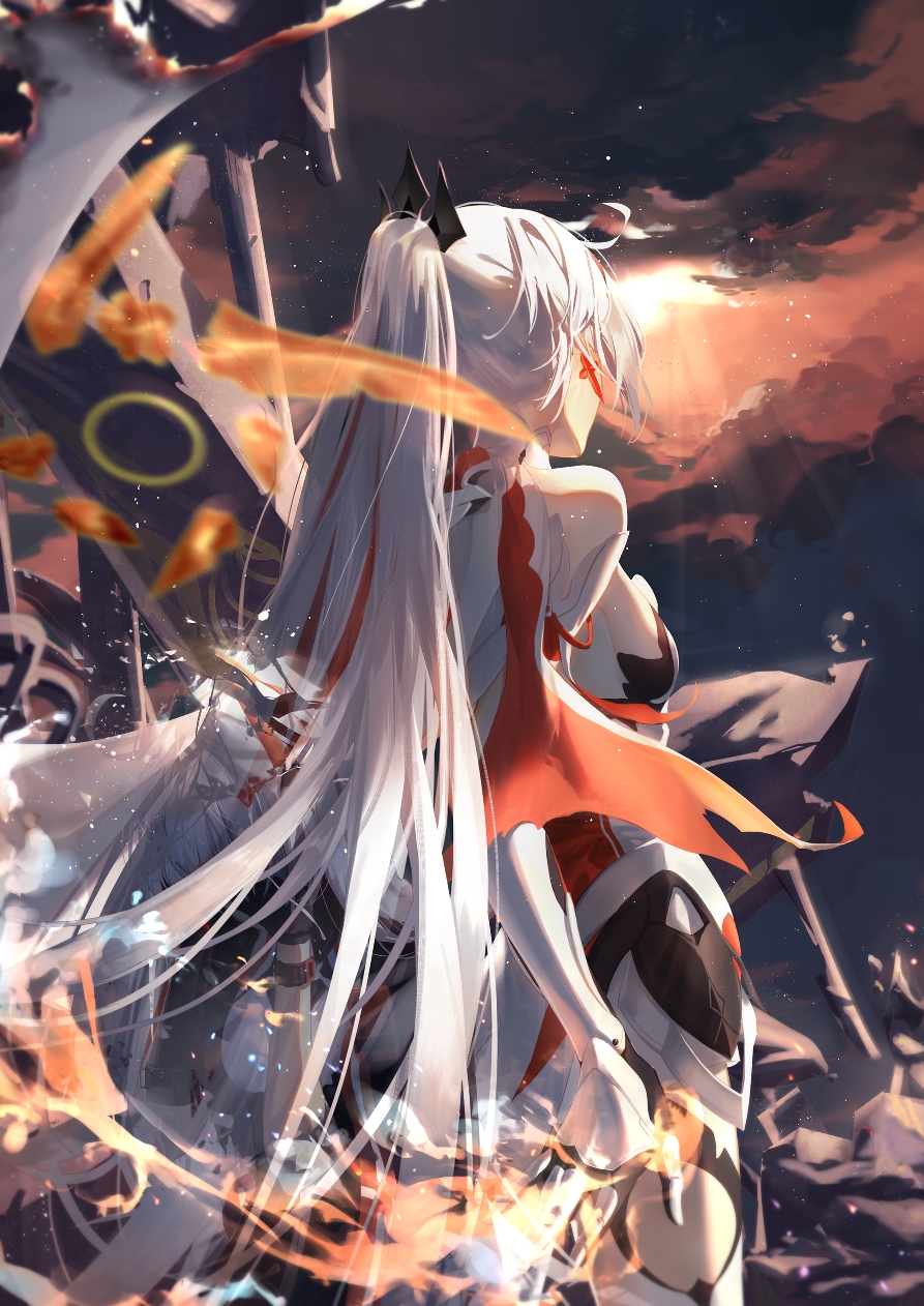 1girl, bare_shoulders, blue_sky, cape, clouds, cloudy_sky, earrings, fire, gauntlets, hair_ornament, highres, honkai_(series), honkai_impact_3rd, jewelry, kiana_kaslana, kiana_kaslana_(herrscher_of_flamescion), long_hair, outdoors, ponytail, sky, solo, white_cape, white_hair, zirancike