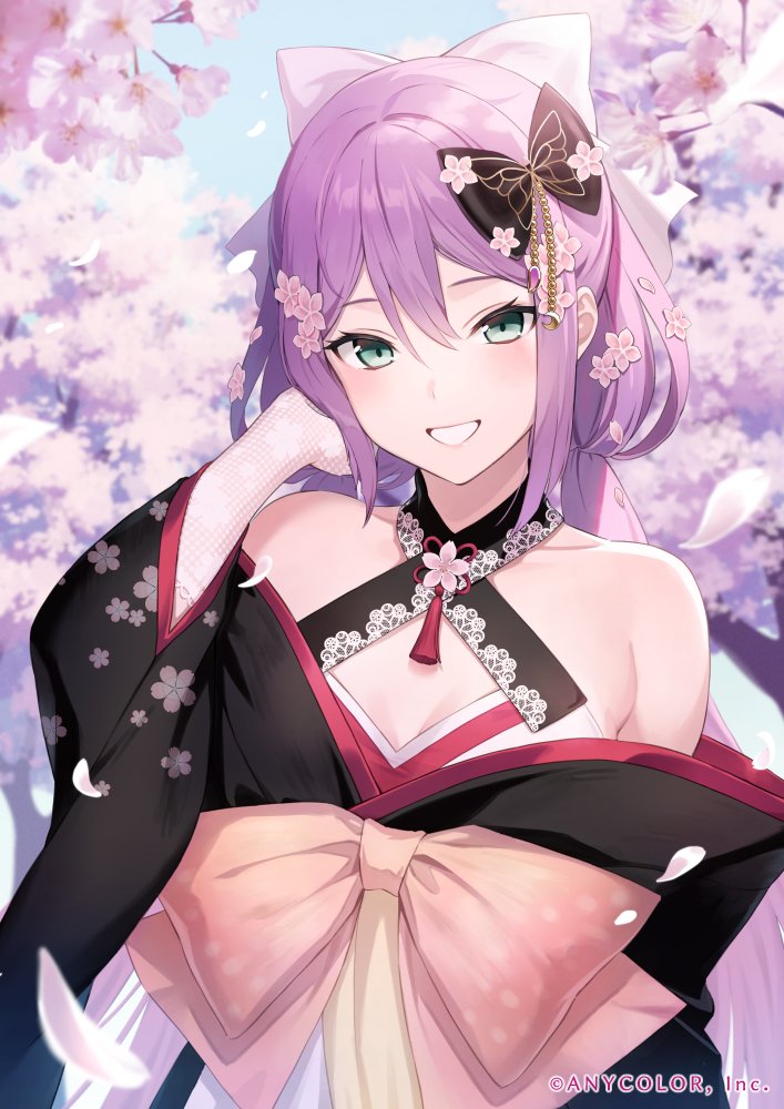1girl, bare_shoulders, black_hair, blush, bow, cherry_blossoms, clothing_cutout, collarbone