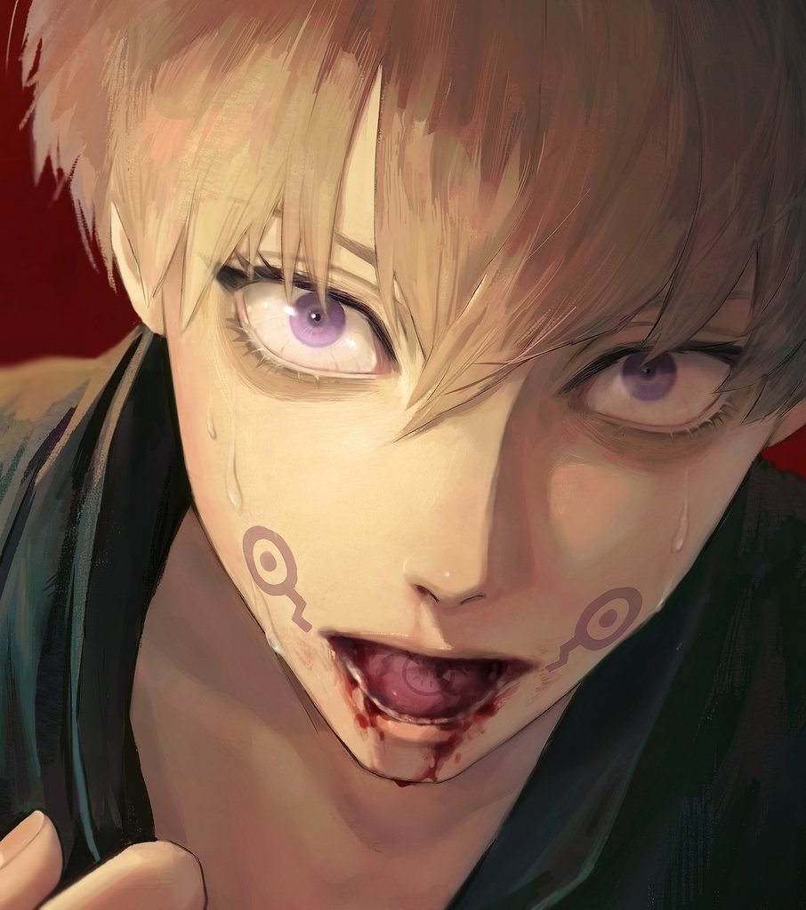 1boy, bangs, black_shirt, blonde_hair, blood, blood_from_mouth, facial_tattoo, gugong_(90_un)
