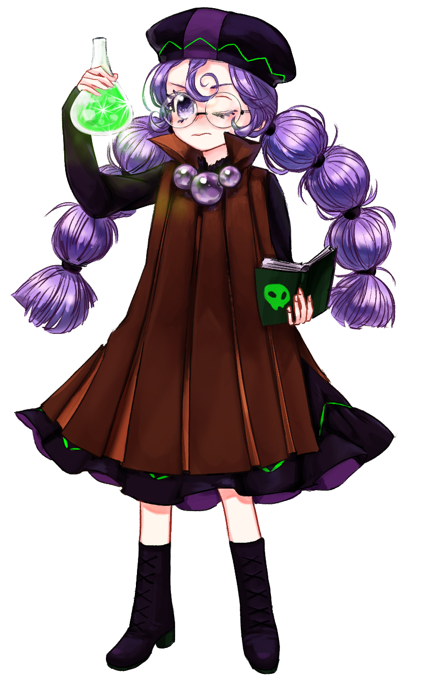 1girl, alchemist_cookie, book, braid, capelet, cookie_run, flask, glasses, hat, highres, humanization, long_hair, pantyhose, personification, purple_hair, round_eyewear, skull_print, solo, twin_braids, twintails, vial, violet_eyes, white_background, yoram
