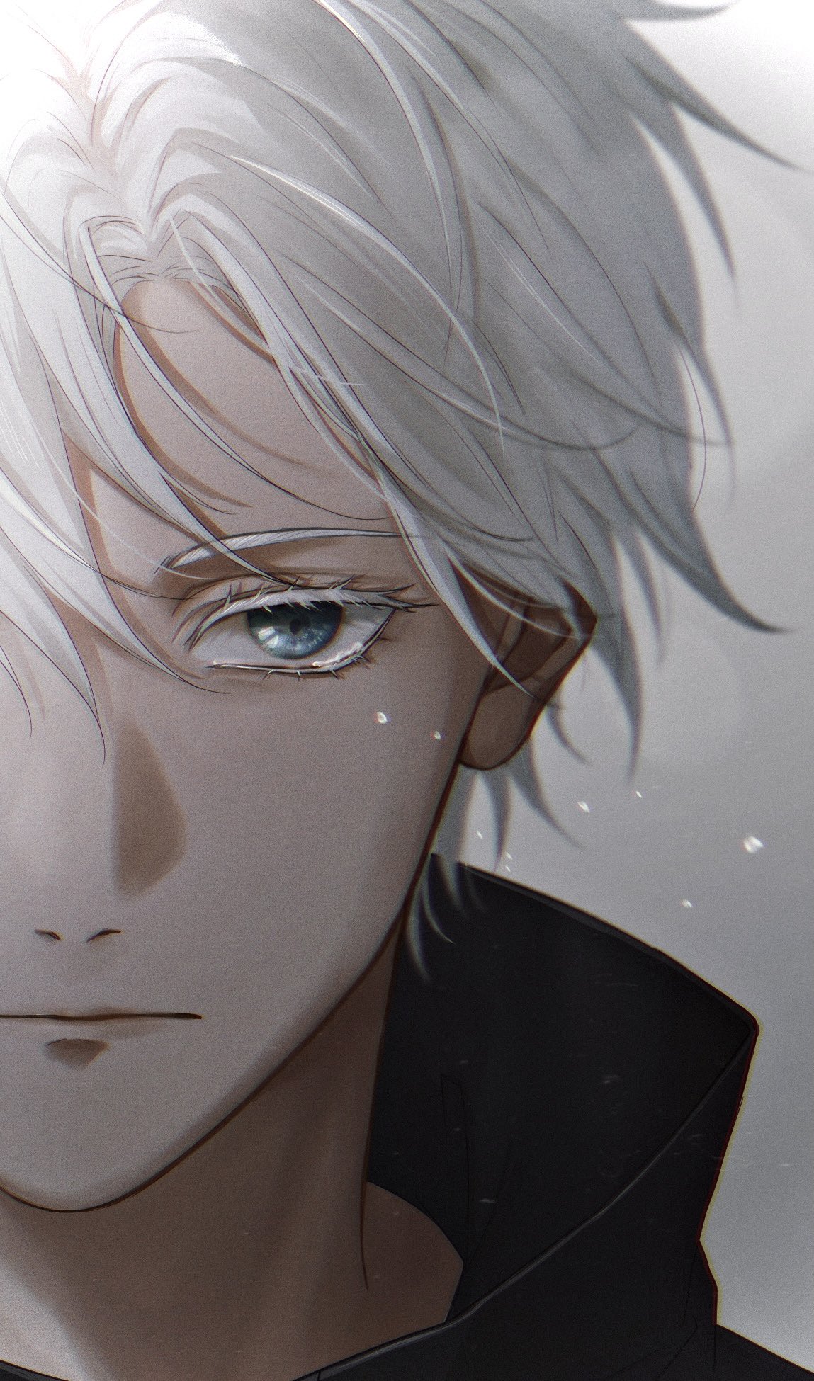 1boy, bangs, black_jacket, blue_hair, closed_mouth, gojou_satoru, grey_background, high_collar