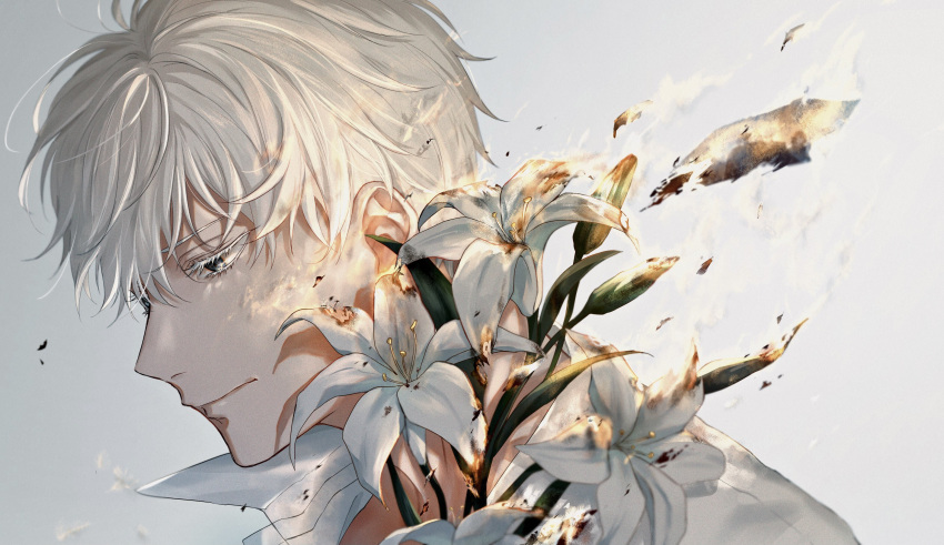 1boy, bangs, burning, closed_mouth, collared_shirt, embers, flower, gojou_satoru