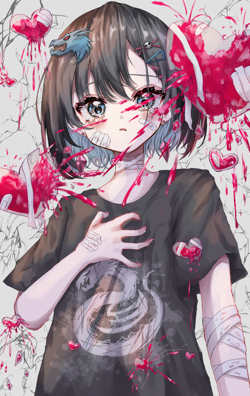 1girl, absurdres, bandages, bandaid, black_hair, black_shirt, blue_eyes, broken