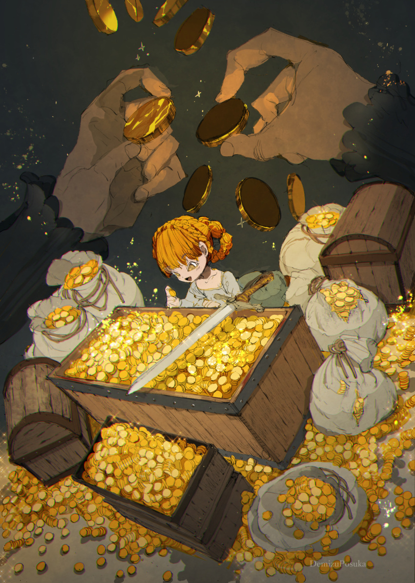 1girl, artist_name, bangs, blonde_hair, blunt_bangs, braid, check_commentary, chocolate_coin