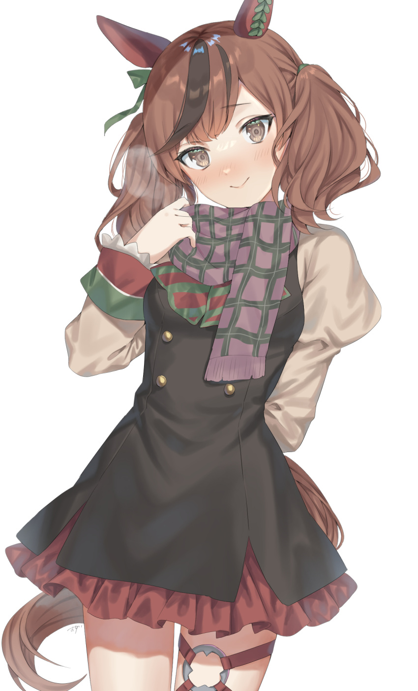 1girl, adjusting_scarf, animal_ears, arm_behind_back, artist_name, black_dress, blush_stickers, brown_hair