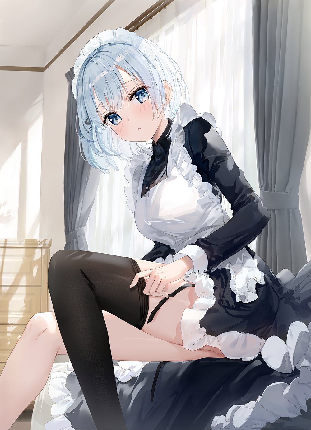 1girl, apron, black_dress, black_legwear, blue_eyes, blue_hair, blush, breasts