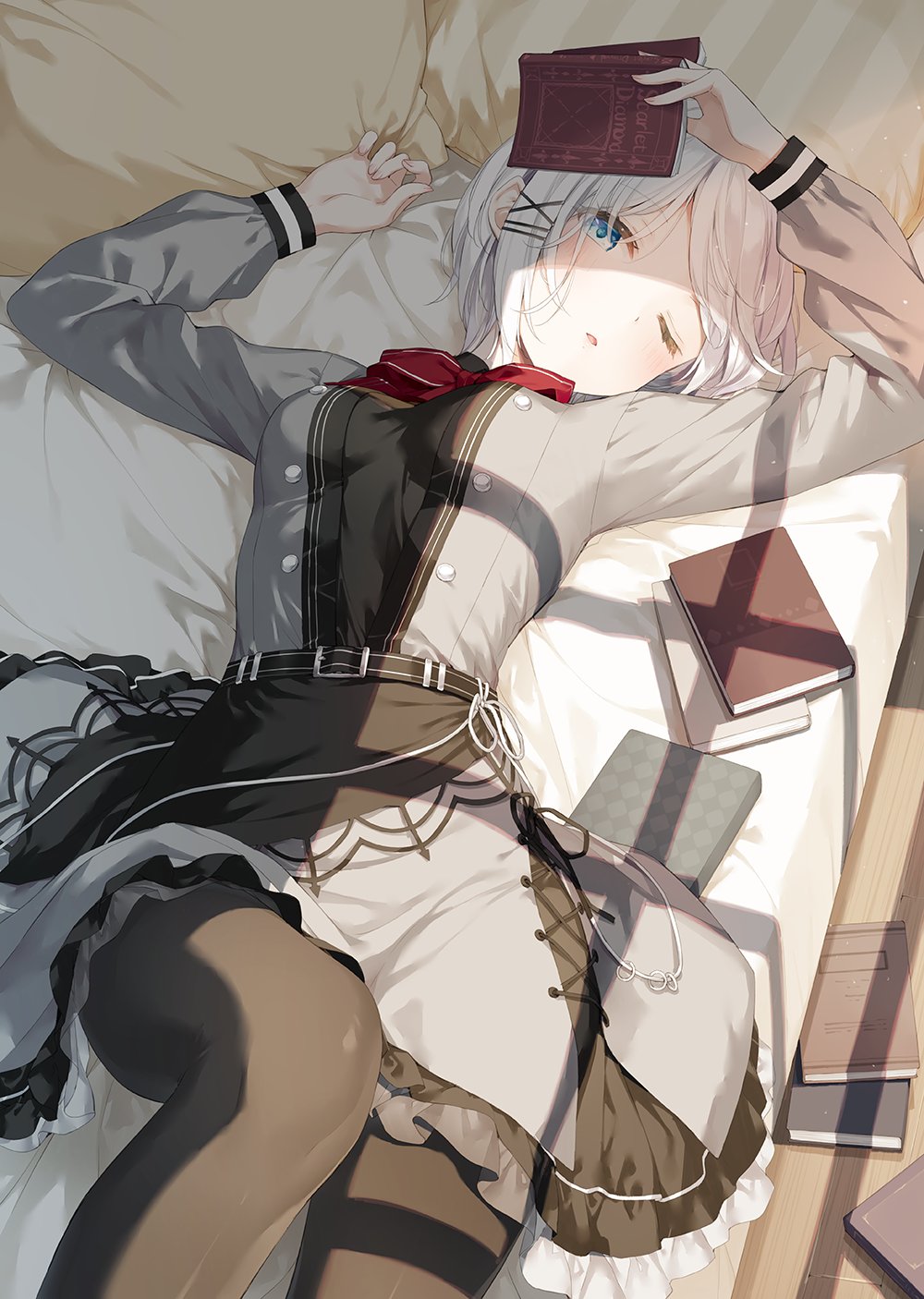 1girl, bed, belt, black_legwear, black_shirt, black_skirt, blue_eyes, blush