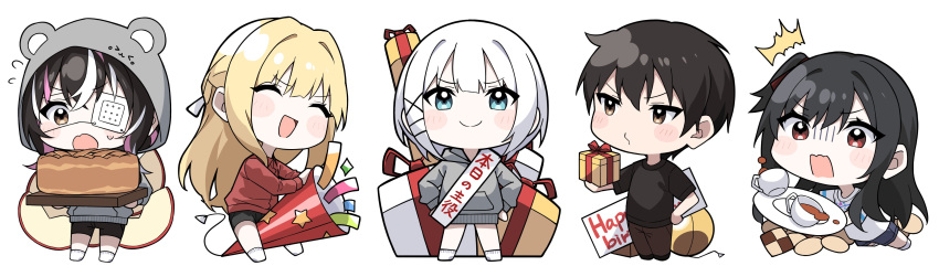 1boy, 4girls, :3, ^^^, absurdres, animal_hood, bangs, black_hair, black_shirt, blonde_hair, blush_stickers, box, charlotte_arisaka_anderson, chibi, closed_mouth, cookie, cup, cutting_board, eyepatch, flying_sweatdrops, food, gift, gift_box, hands_on_hips, highres, hood, hoodie, kimitsuka_kimihiko, long_hair, multicolored_hair, multiple_girls, natsunagi_nagisa, official_art, one_side_up, open_mouth, party_popper, pie, saikawa_yui, saucer, second-party_source, shirt, shorts, siesta_(tantei_wa_mou_shindeiru), smile, smug, socks, tantei_wa_mou_shindeiru, teacup, tripping, umibouzu_(niito)