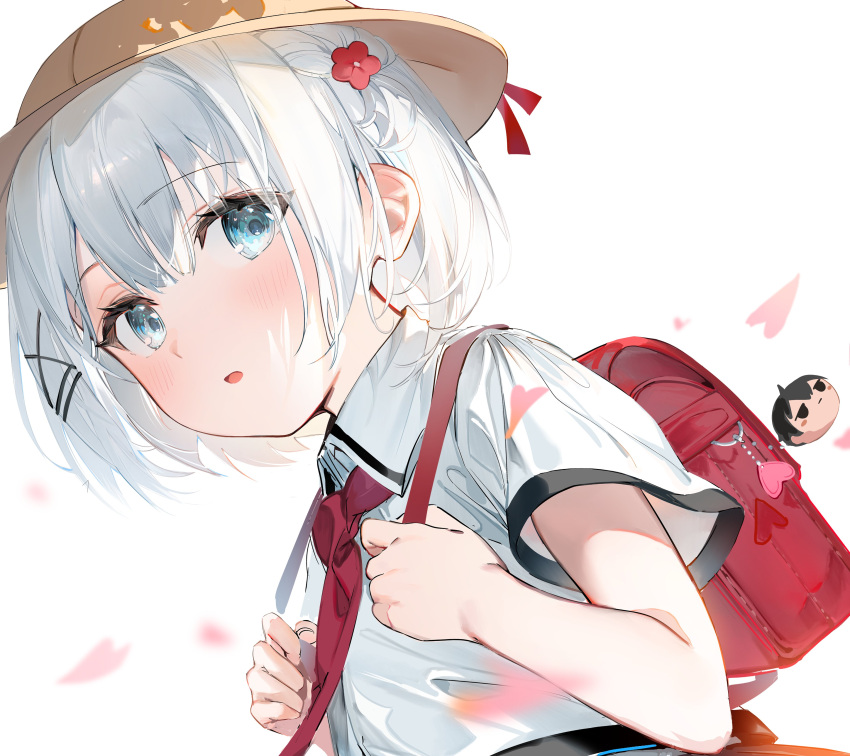 1girl, absurdres, backpack, bag, bag_charm, bangs, blue_eyes, blush, charm_(object), child, collared_shirt, dutch_angle, grey_hair, hair_ornament, hat, highres, kimitsuka_kimihiko, looking_at_viewer, necktie, official_art, parted_lips, randoseru, red_necktie, school_hat, second-party_source, shirt, short_sleeves, sidelocks, siesta_(tantei_wa_mou_shindeiru), solo, tantei_wa_mou_shindeiru, umibouzu_(niito), upper_body, white_shirt, x_hair_ornament, yellow_headwear, younger