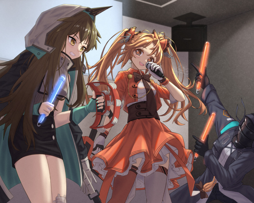 1other, 2girls, :d, ambiguous_gender, arknights, black_bow, black_bowtie, black_coat