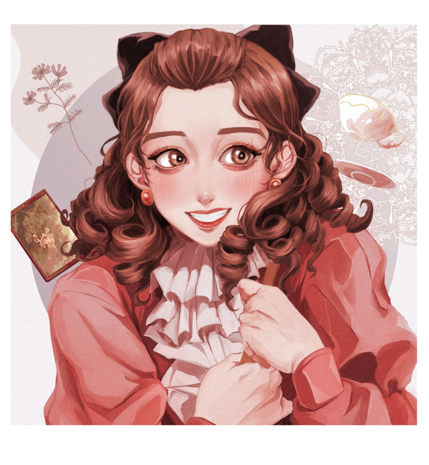 1boy, 1girl, absurdres, ascot, blush, bow, brown_eyes, brown_hair