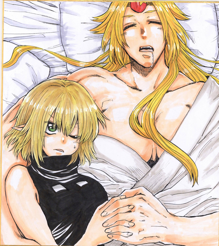 2girls, absurdres, annoyed, arm_around_shoulder, bangs, black_shirt, blonde_hair, blush