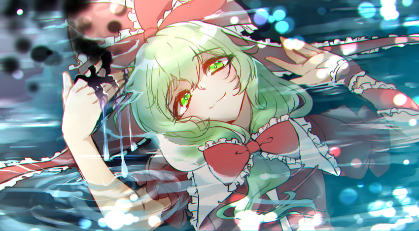 1girl, absurdres, arm_ribbon, bangs, bow, commentary_request, eyebrows_visible_through_hair, frilled_ribbon