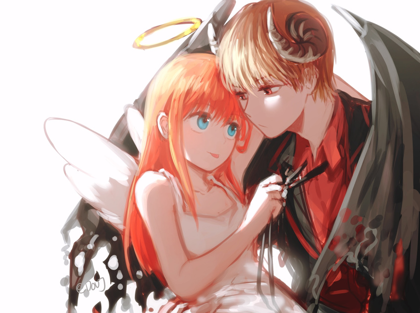 1boy, 1girl, alternate_costume, angel_wings, black_wings, blue_eyes, brown_hair, doruje, dragging, dress, gintama, halo, highres, jacket, kagura_(gintama), light, long_hair, looking_at_another, necktie, okita_sougo, red_eyes, red_shirt, redhead, shade, shirt, short_hair, smile, tongue, tongue_out, white_dress, wings