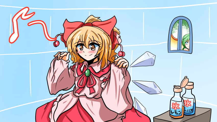 2girls, blonde_hair, bow, cirno, cosplay, daiyousei, green_hair, hair_bow, hair_dye, hair_ornament, highres, ice, ice_wings, igloo, multiple_girls, red_ribbon, ribbon, satsuki_rin, satsuki_rin_(cosplay), segen_(segen311), snow_shelter, touhou, wings, yellow_eyes