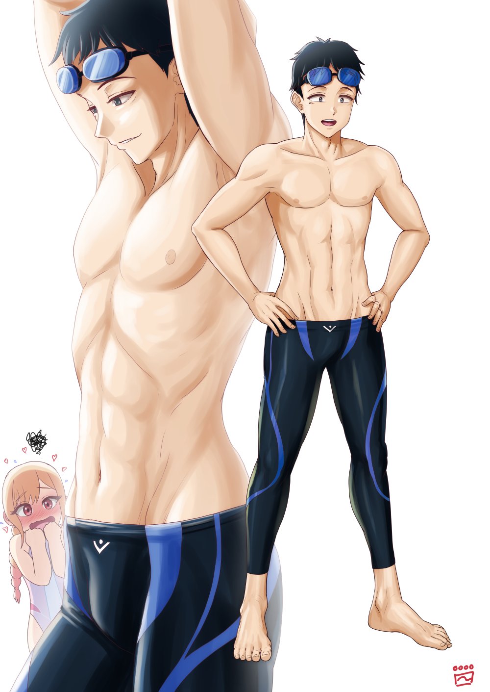 1boy, 1girl, abs, armpits, arms_up, black_eyes, black_hair, black_male_swimwear