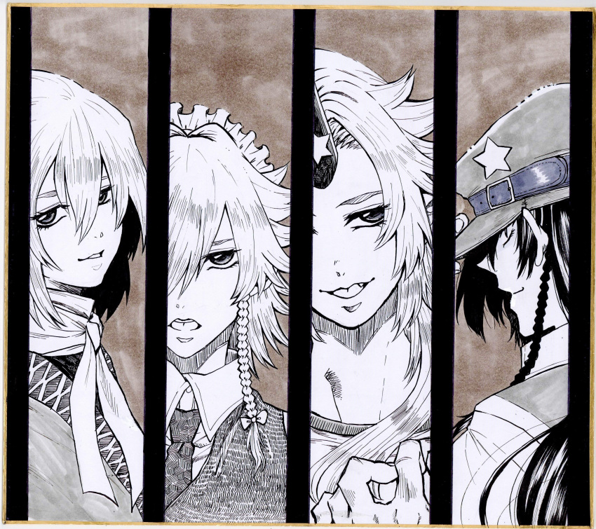 4girls, absurdres, bangs, bow, braid, brown_background, closed_eyes, closed_mouth