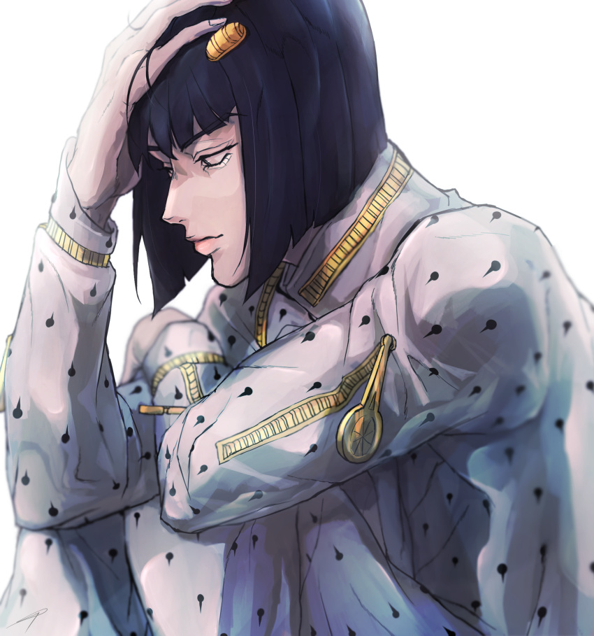 1boy, bangs, black_hair, blunt_bangs, bob_cut, bruno_buccellati, hair_ornament, hairclip