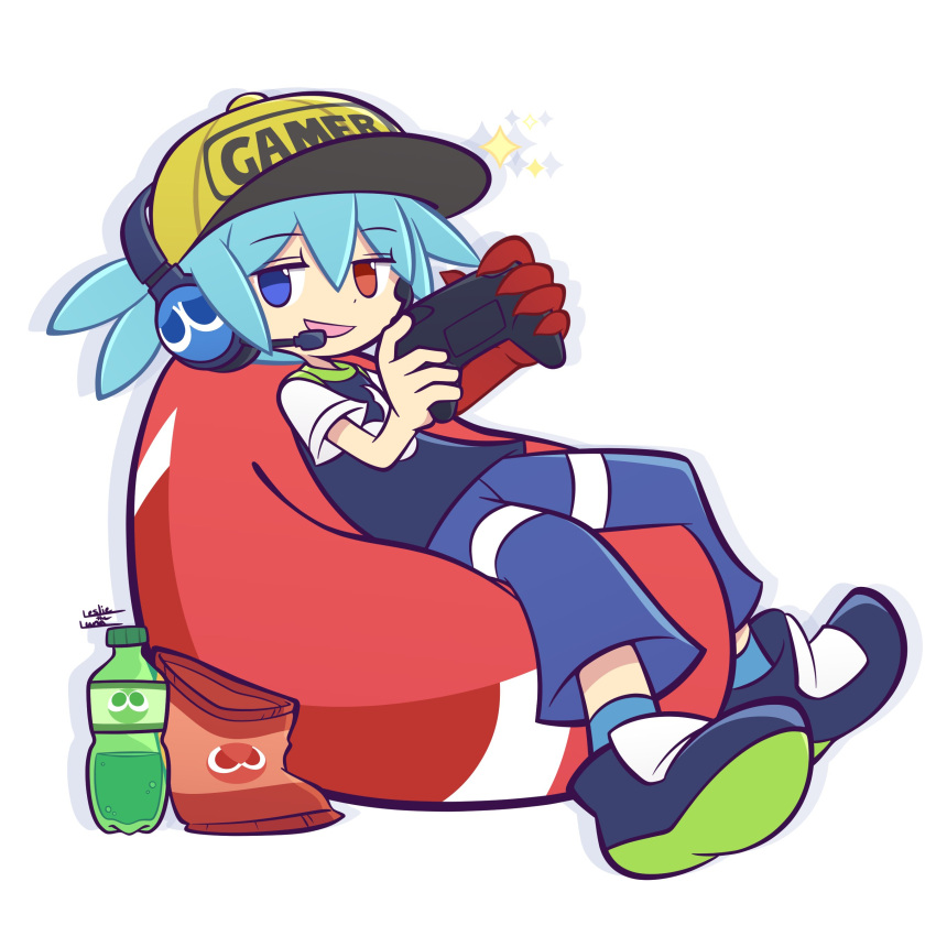 1boy, absurdres, ahoge, bag, baseball_cap, bean_bag_chair, blue_eyes, blue_footwear, blue_hair, bottle, controller, eyebrows_visible_through_hair, food, full_body, hair_between_eyes, hat, headset, heterochromia, highres, leslietheluna, looking_at_viewer, pants, puyopuyo, puyopuyo_fever, red_eyes, shirt, shoes, sidelocks, sig_(puyopuyo), simple_background, smile, solo, white_background