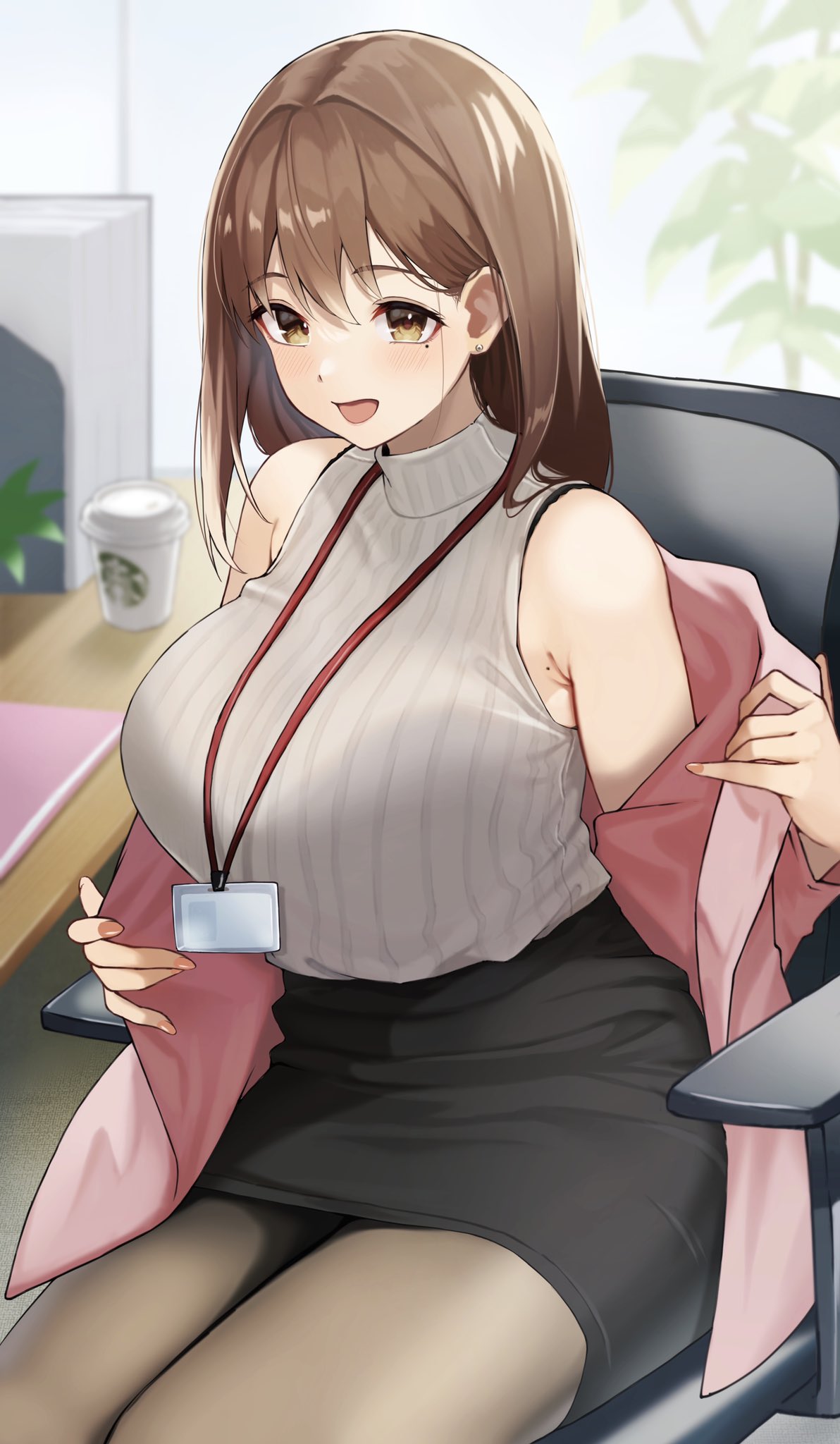 1girl, :d, beige_sweater, black_skirt, blurry, blush, breasts, brown_hair