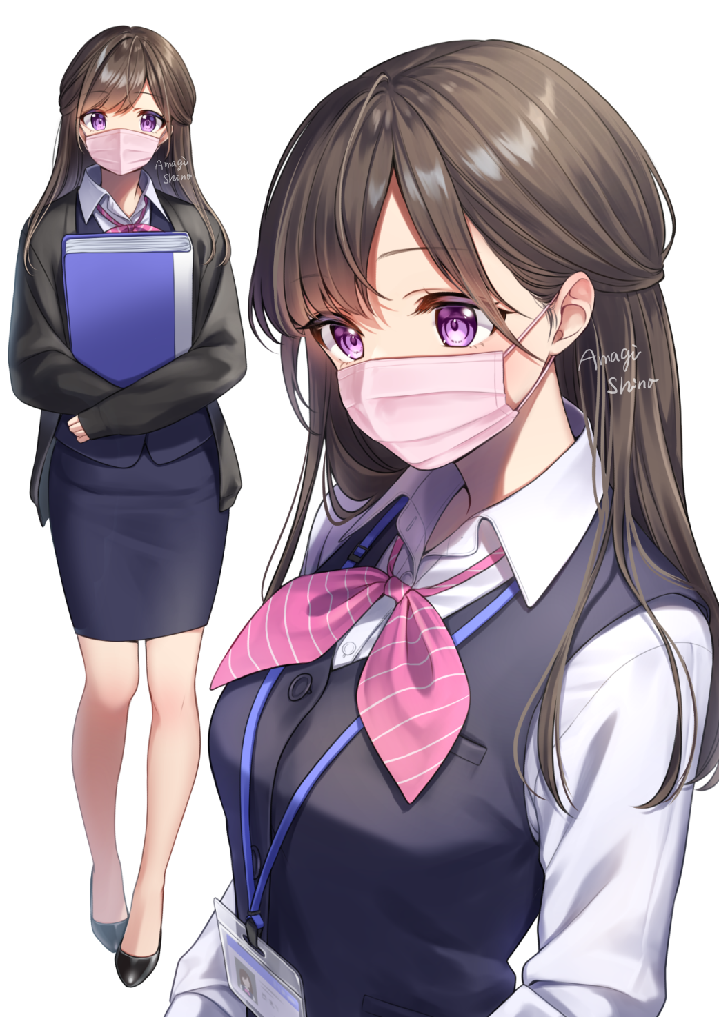 1girl, amagi_shino, black_footwear, brown_hair, commentary_request, full_body, high_heels, highres, long_hair, looking_at_viewer, mask, mouth_mask, multiple_views, necktie, office_lady, original, pencil_skirt, pink_mask, pink_necktie, receptionist_girl_(amagi_shino), shirt, skirt, standing, surgical_mask, violet_eyes, white_background, white_shirt