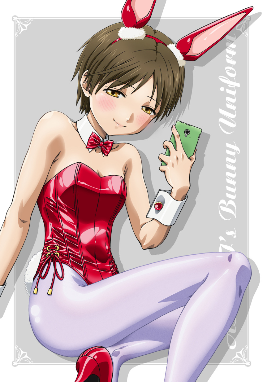 1girl, akebi-chan_no_serafuku, animal_ears, boo_(takagi), bow, bowtie, breasts, cellphone, commentary_request, detached_collar, highres, leotard, pantyhose, phone, playboy_bunny, rabbit_ears, rabbit_tail, red_bow, red_bowtie, red_leotard, selfie, short_hair, small_breasts, solo, tail, tanigawa_kei, white_leotard, wrist_cuffs, yellow_eyes