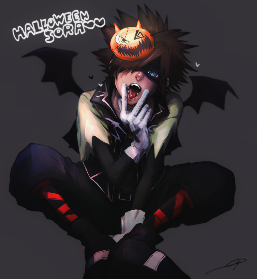 1boy, bat_wings, blue_eyes, brown_hair, gloves, hair_over_one_eye, halloween_costume, highres