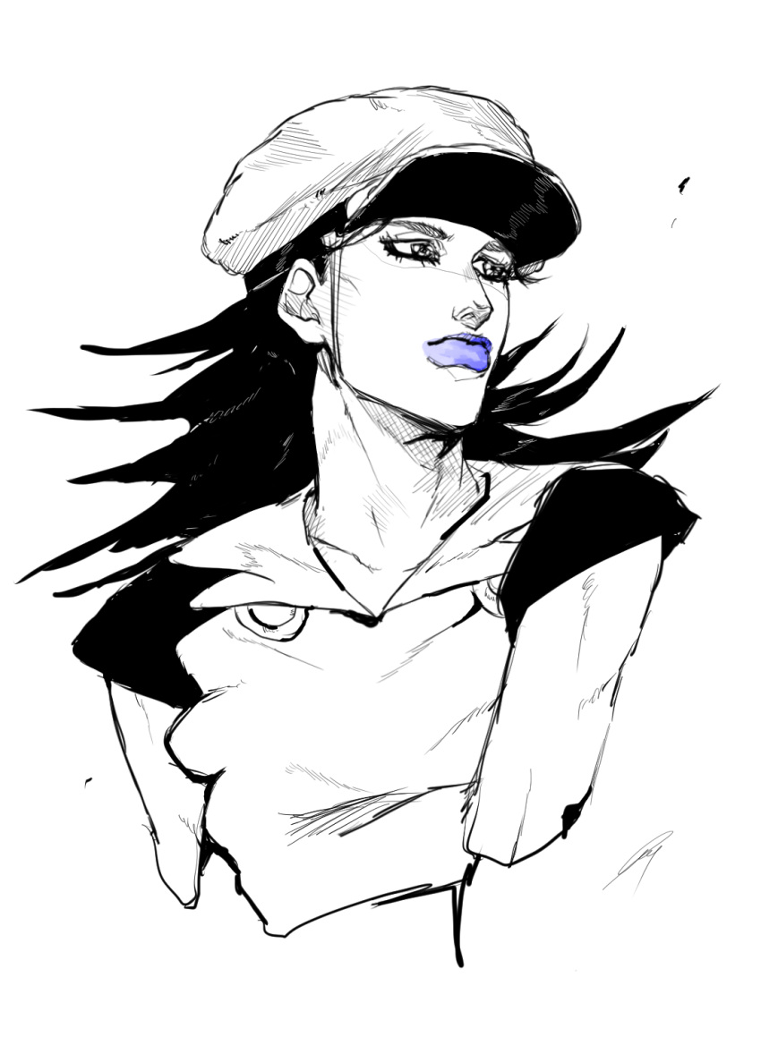 1girl, blue_lips, hat, highres, hospital_0434, jojo_no_kimyou_na_bouken, jojolion, long_hair