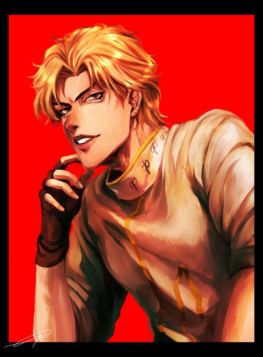 1boy, blonde_hair, chin_stroking, dio_brando, fingerless_gloves, gloves, grin, high_collar