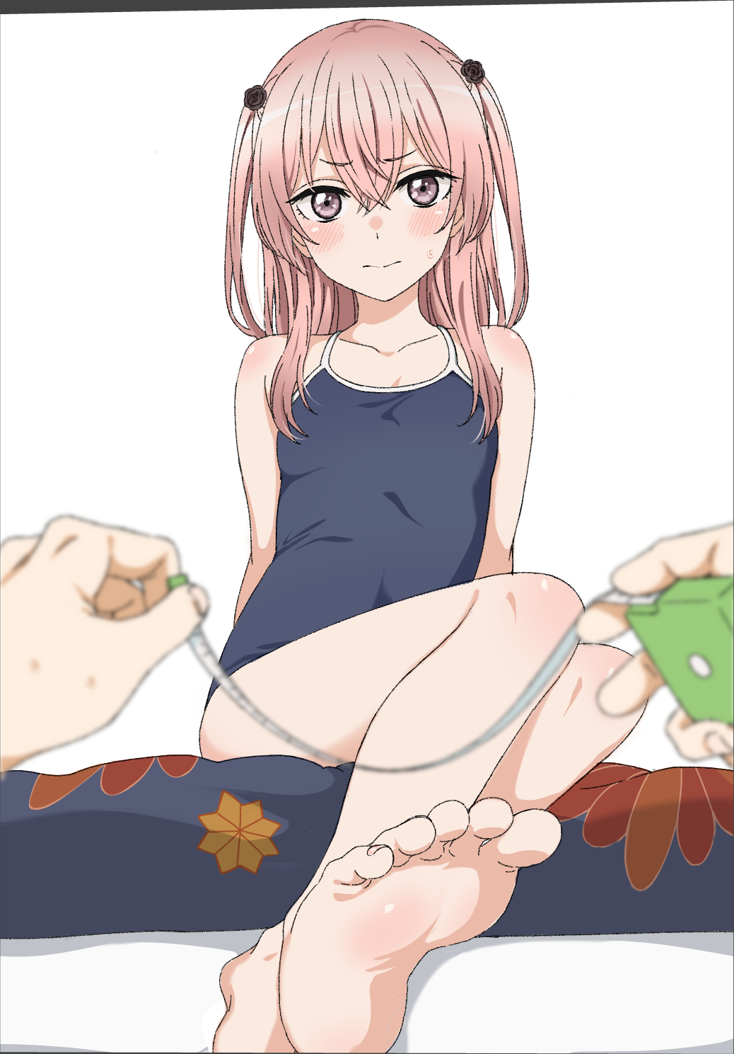 1boy, 1girl, bangs, barefoot, black_flower, black_rose, blue_swimsuit, blush