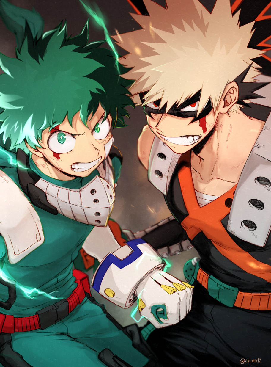 2boys, angry, bakugou_katsuki, belt, black_pants, blonde_hair, blood, blood_on_face, bodysuit, boku_no_hero_academia, cho_mo_futoshi, clenched_teeth, electricity, explosive, freckles, gloves, green_bodysuit, green_eyes, green_hair, grenade, highres, male_focus, mask, mask_removed, midoriya_izuku, multiple_boys, orange_belt, pants, red_belt, red_eyes, spiky_hair, teeth, twitter_username, white_gloves