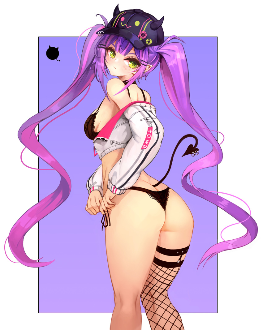 1girl, ass, badge, baseball_cap, black_bra, black_panties, blush, border