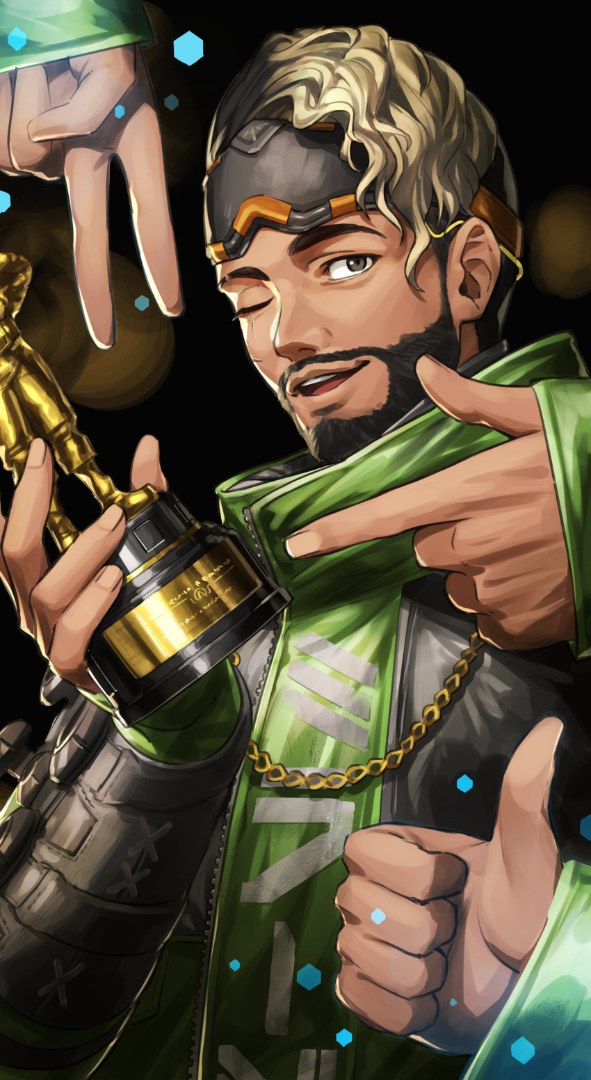 1boy, absurdres, angel_city_hustler_mirage, apex_legends, black_background, black_eyes, blonde_hair, chain