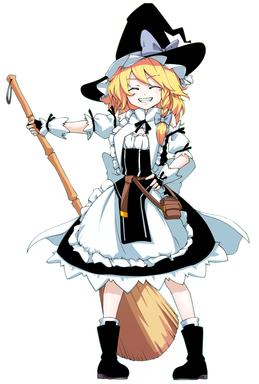 1girl, ^_^, absurdres, apron, bamboo_broom, bangs, black_dress, black_footwear