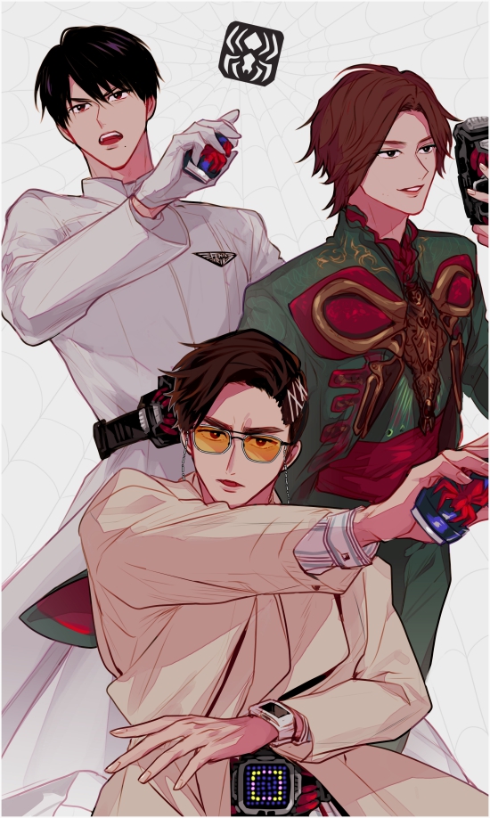 3boys, beige_jacket, black_hair, brown_hair, coat, commentary_request, demons_driver, driver_(kamen_rider), fenix_uniform, glasses, gloves, green_jacket, green_pants, henshin, henshin_pose, jacket, kadota_hiromi, kamen_rider, kamen_rider_revice, karizaki_george, mexican_clothes, military, military_uniform, multiple_boys, olteca_(kamen_rider_revice), pants, pose, scientist, spider_genome, stamp_mark, sunglasses, tinted_eyewear, uniform, waist_coat, white_background, white_coat, white_gloves, zo_ochi2