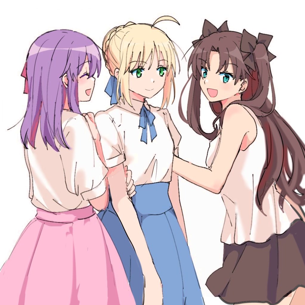 3girls, :d, ahoge, aqua_eyes, artoria_pendragon_(fate), bare_arms, bare_shoulders, black_hair, black_ribbon, black_skirt, blonde_hair, blue_ribbon, blue_skirt, braid, closed_eyes, commentary_request, eyebrows_visible_through_hair, facing_another, fate/stay_night, fate_(series), french_braid, green_eyes, hair_ribbon, korean_commentary, long_hair, looking_at_another, matou_sakura, multiple_girls, neck_ribbon, open_mouth, pink_skirt, purple_hair, red_ribbon, ribbon, saber, shirt, short_sleeves, sierit, simple_background, skirt, sleeveless, sleeveless_shirt, smile, tohsaka_rin, twintails, white_background, white_shirt