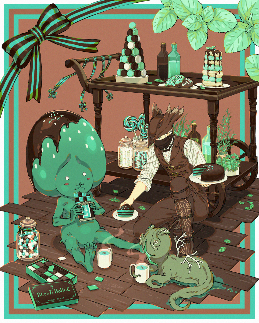 1boy, alien, arizuka_(catacombe), bangs, bloodborne, bottle, brown_pants, brown_vest