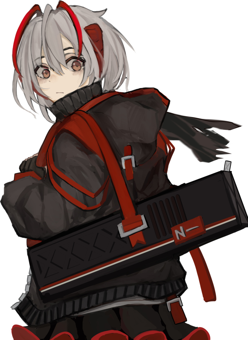 1girl, absurdres, antenna_hair, arknights, bag, black_jacket, black_skirt, brown_eyes