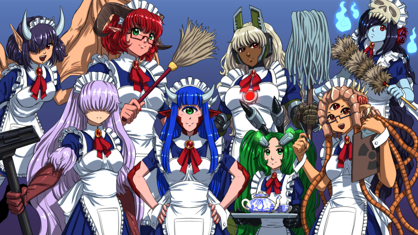6+girls, :d, bangs, baron_of_hell, bfg_9000_(personification), black-framed_eyewear, black_hair, blonde_hair