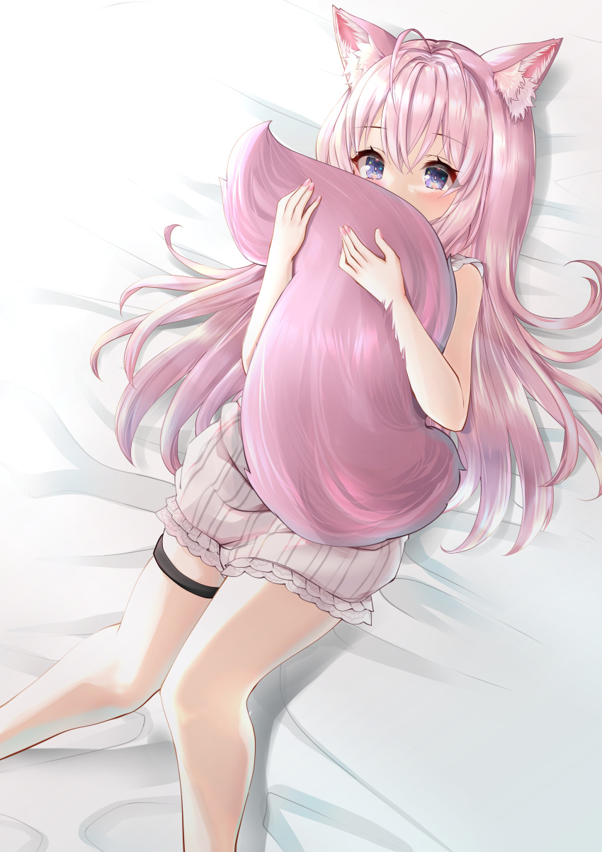 1girl, absurdres, ahoge, animal_ear_fluff, animal_ears, bed, blue_eyes, covering_mouth