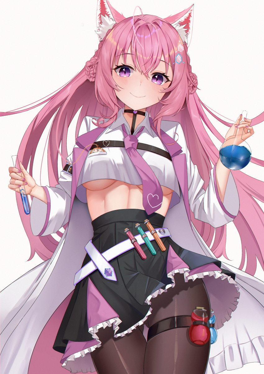 1girl, absurdres, ahoge, animal_ear_fluff, animal_ears, ass_visible_through_thighs, belt, black_legwear, black_skirt, breasts, coat, coyote_ears, coyote_girl, coyote_tail, double_bun, hair_bun, hair_ornament, hakui_koyori, highres, hololive, labcoat, long_hair, lookhow, midriff, navel, pantyhose, pink_eyes, pink_hair, pocket_watch, shirt, skirt, smile, solo, tail, test_tube, thigh_gap, thigh_strap, thighs, under_boob, virtual_youtuber, watch, white_coat, white_shirt, wind, wind_lift
