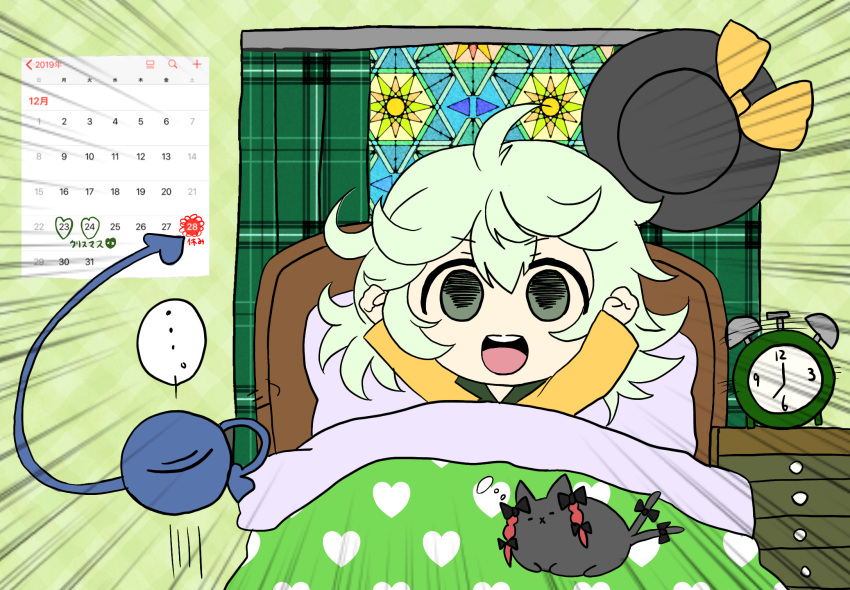 ..., 1girl, 2019, :x, alarm_clock, arms_up, bangs, black_bow
