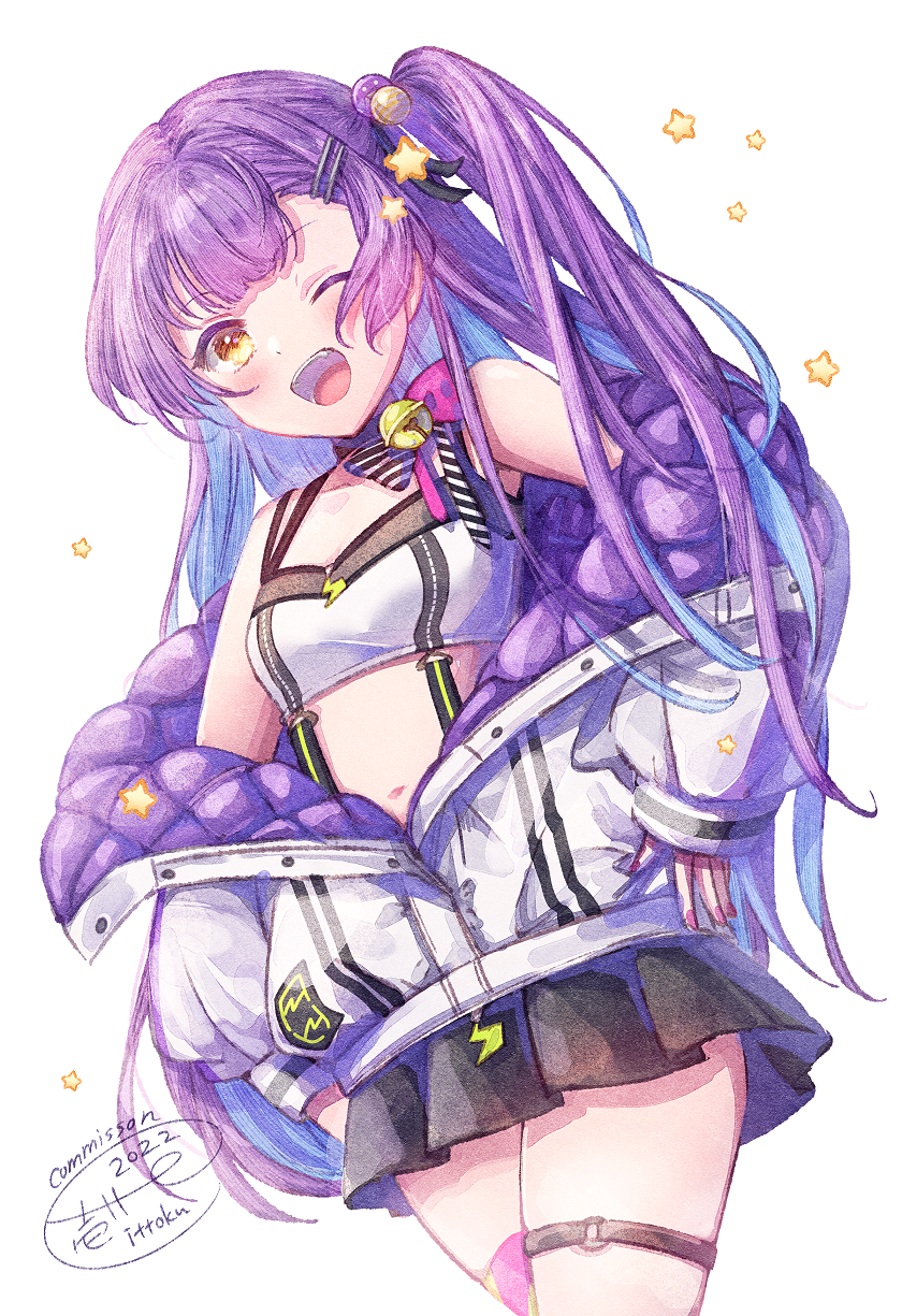 1girl, ;d, anzu_channel, bangs, black_skirt, blue_hair, breasts, brown_eyes