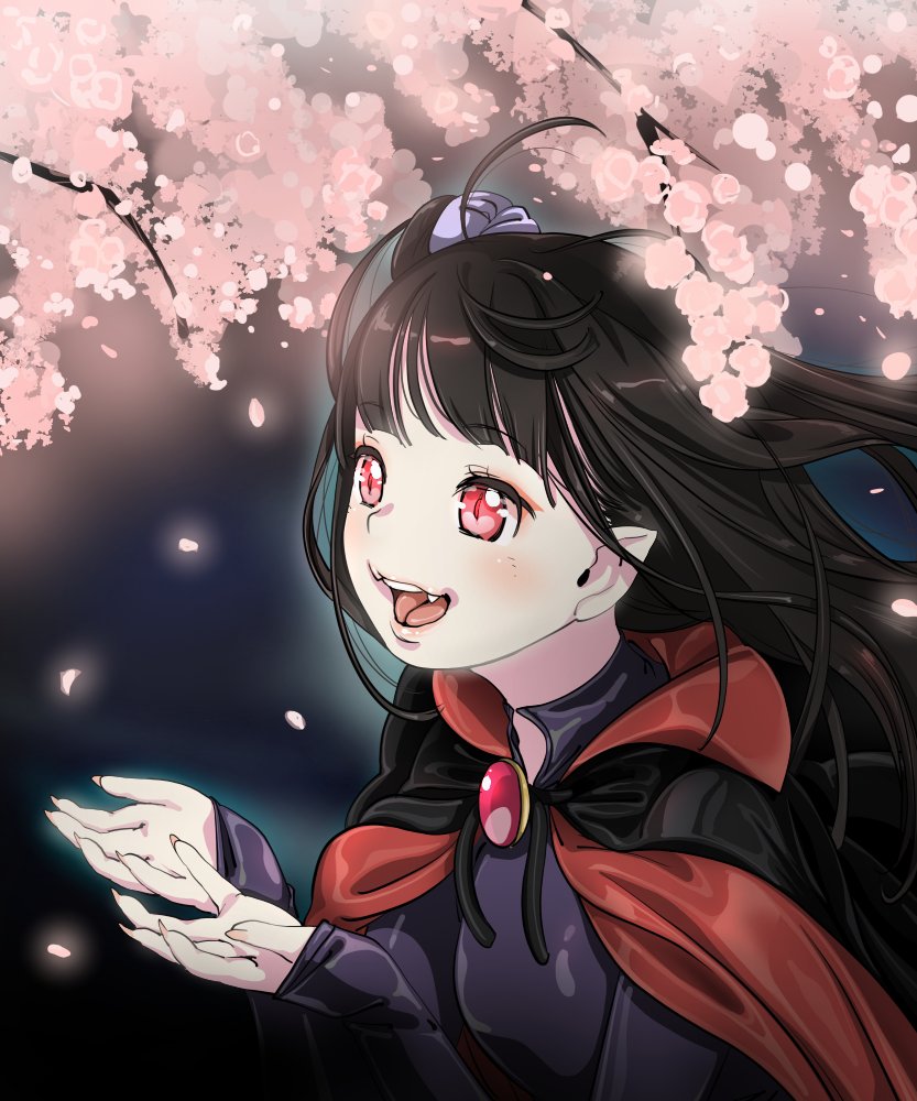 1girl, bangs, brooch, cape, cherry_blossoms, dress, falling_petals, fangs