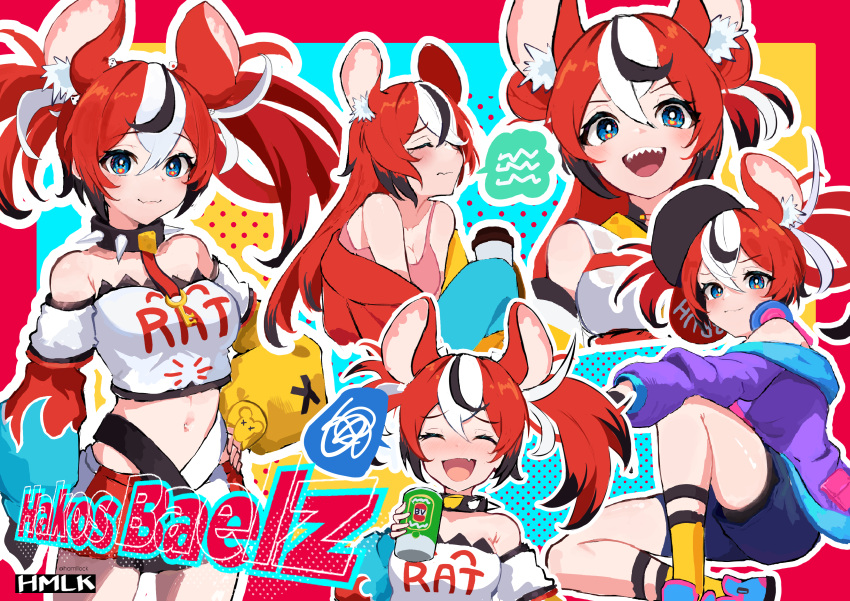 1girl, absurdres, alternate_costume, animal_ear_fluff, animal_ears, artist_name, asymmetrical_hair, baseball_cap, black_hair, blue_eyes, blue_shorts, breasts, can, character_name, cheese, closed_mouth, collar, colored_tips, crop_top, dice_hair_ornament, double_bun, english_commentary, fangs, food, hair_down, hair_ornament, hakos_baelz, hamllock, hand_on_hip, hat, headphones, headphones_around_neck, highres, holding, holding_can, hololive, hololive_english, medium_breasts, miniskirt, mouse_ears, mouse_girl, multicolored_background, multicolored_hair, multiple_views, off_shoulder, open_mouth, pink_tank_top, purple_sweater, redhead, sharp_teeth, shirt, shorts, signature, skirt, speech_bubble, spiked_collar, spikes, streaked_hair, sweater, tank_top, teeth, twintails, white_hair, white_shirt