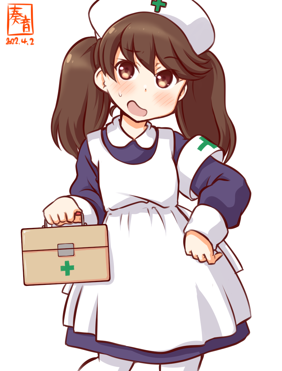 apron, armband, artist_logo, blue_dress, box, brown_eyes, brown_hair, commentary_request