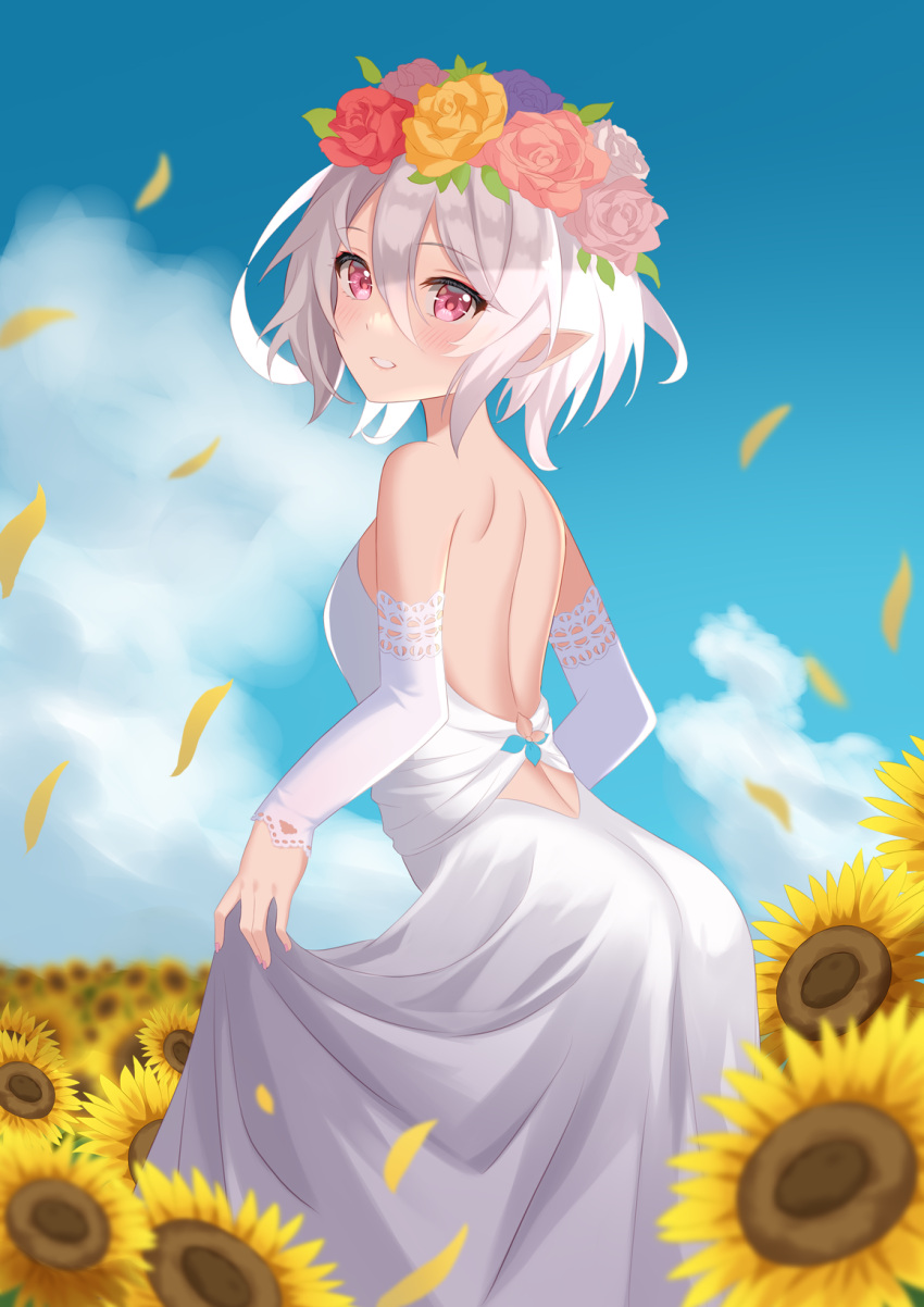 1girl, backless_dress, backless_outfit, bangs, blue_sky, blush, clouds, detached_sleeves
